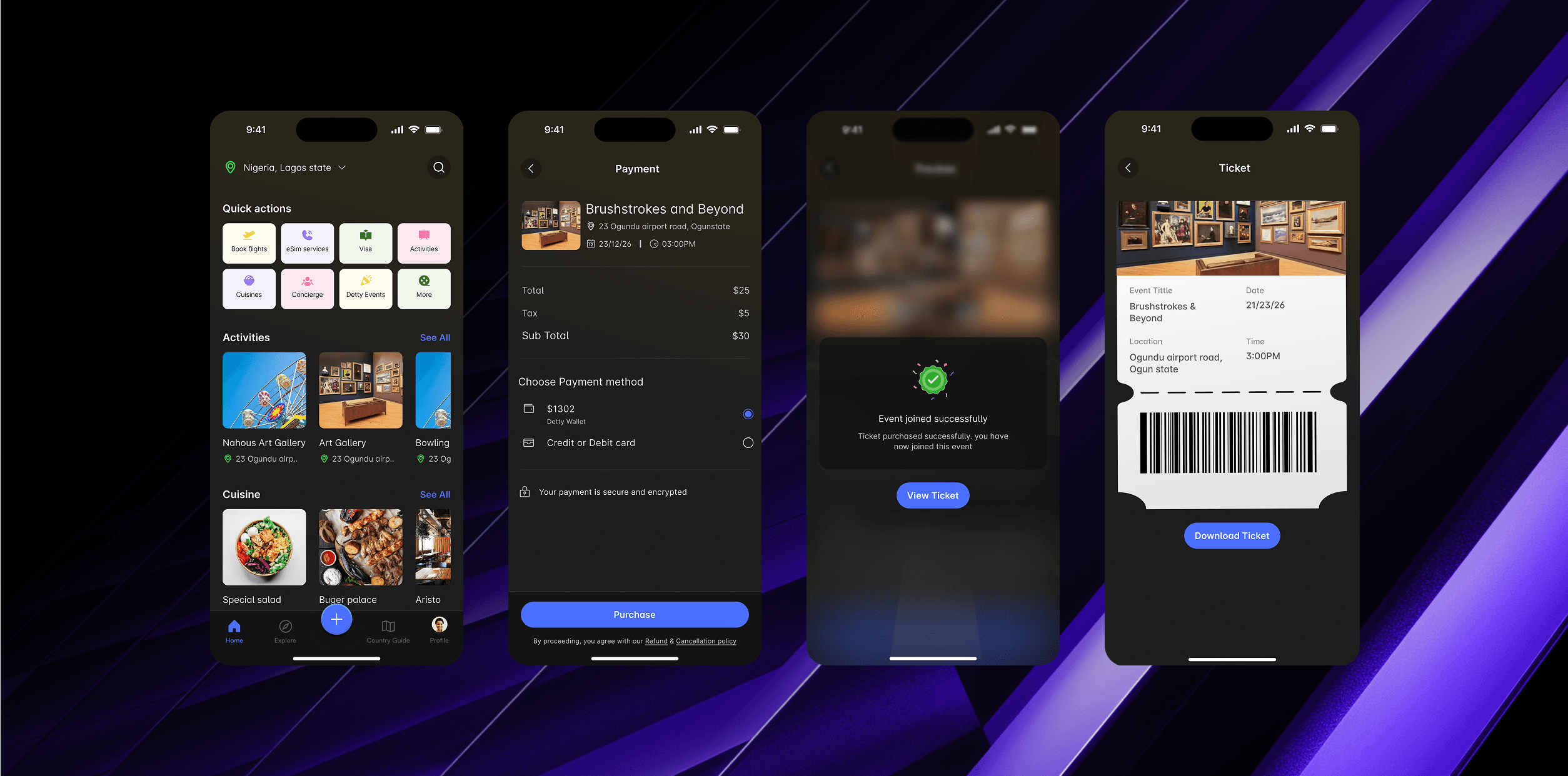 Travel and events mobile product screens