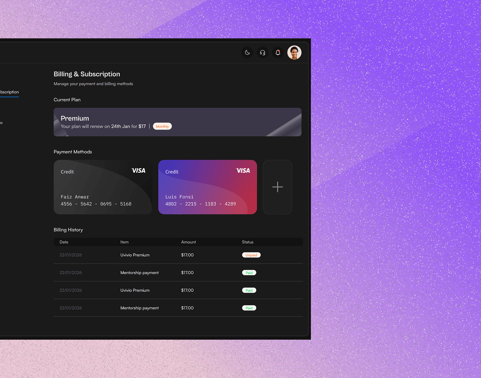 Billing and subscription dashboard